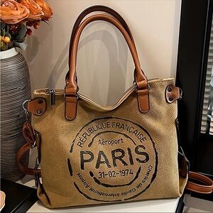 Tan and Brown Shoulder Bag with Vintage Paris Design